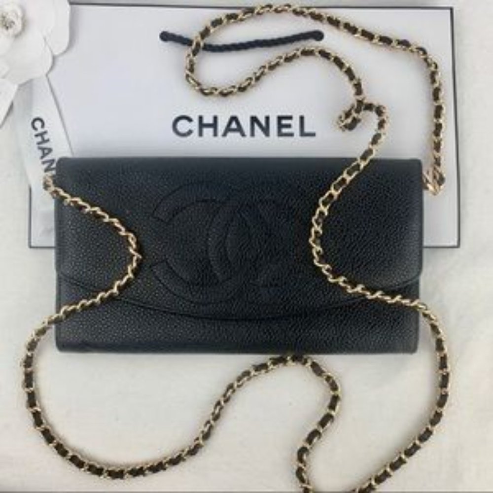 CHANEL Vintage Black Caviar Timeless CC Leather Clutch & Chain